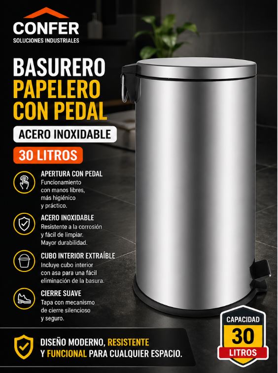 BASURERO CON PEDAL 30LT ACERO INOXIDABLE - Imagen 3