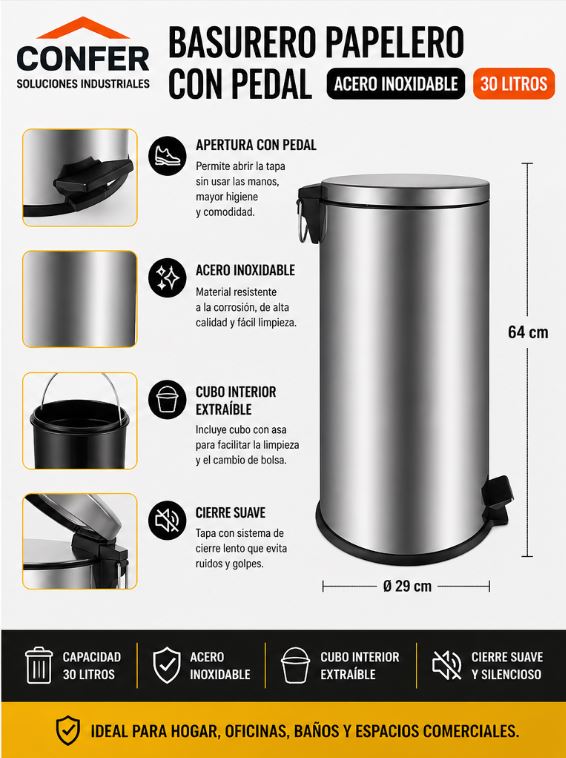 BASURERO CON PEDAL 30LT ACERO INOXIDABLE - Imagen 2