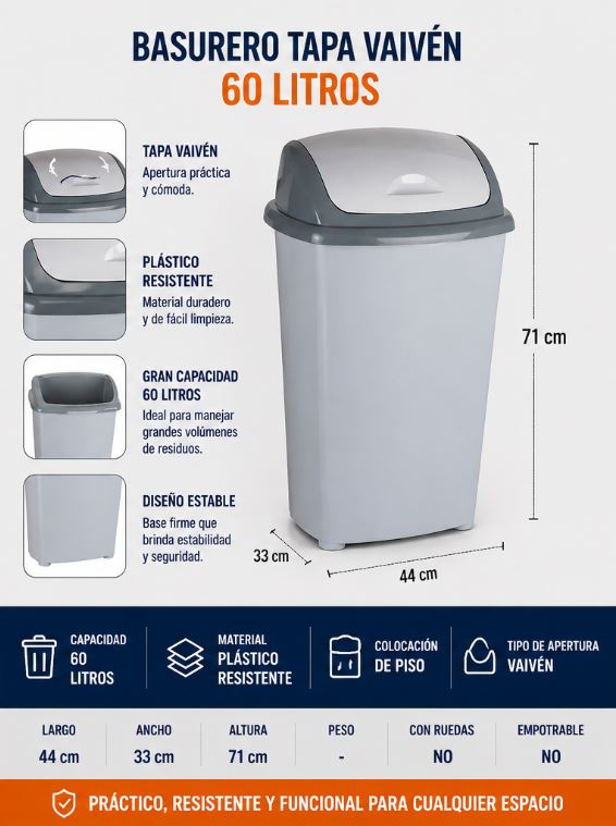 BASURERO TAPA VAIVEN 60LT - Imagen 3